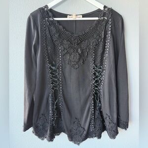 Pretty Angel black goth romantic lace up sheer mesh long sleeve top Women’s sz L